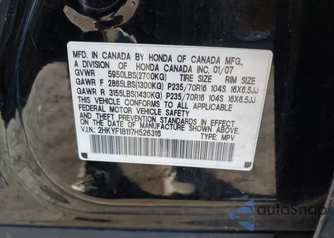 2007 Honda Pilot Lx z USA, uszkodzony, nr VIN 2HKYF18117H526316